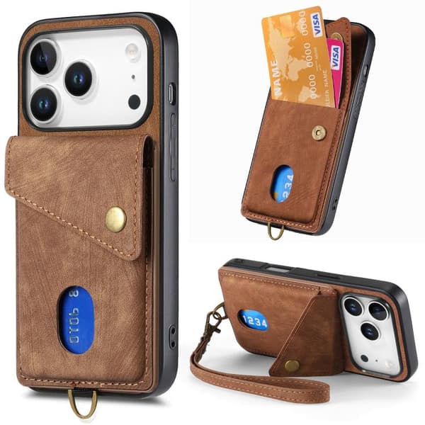 iPhone 18 Pro / iPhone 17 Pro Skal läderfodral med retro kortficka och rem Brun