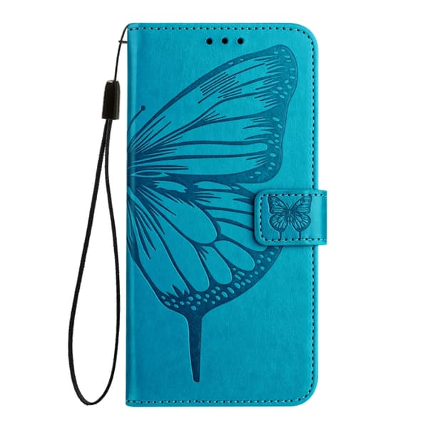 iPhone 16 Pro Max Embossed Butterfly Fodral - Elegant Skal Läder med Utsökt Design Blå