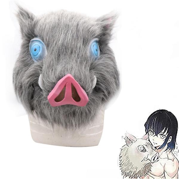 Demon Slayer Anime Hashibira Inosuke Pig Latex Mask Huvudbonader Cosplay Halloween Masquerade Party Finklänning Kostymtillbehör
