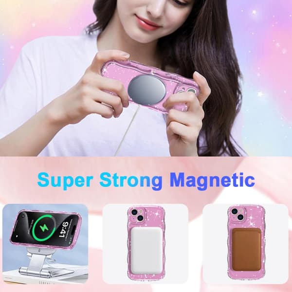 iPhone 16 Pro Max Wave Glitter MagSafe Magnetisk TPU Skal Transparent rosa