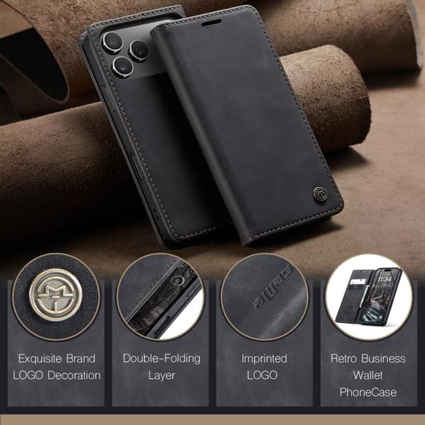 iPhone 18 Pro Max / iPhone 17 Pro Max Skal Läderfodral Multifunktionell Horisontell Flip Svart