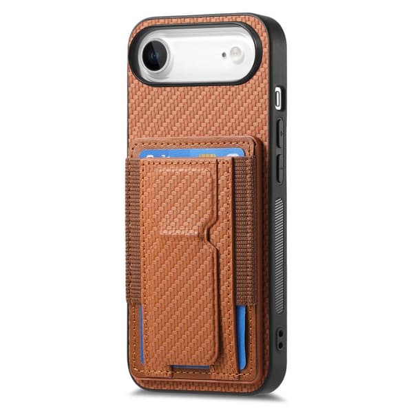 iPhone 17 Air Skal - kolfiber med vikbar ställning och elastisk kortficka Brun
