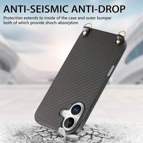 iPhone 17 Skal - kolfibertextur med axelrem Svart
