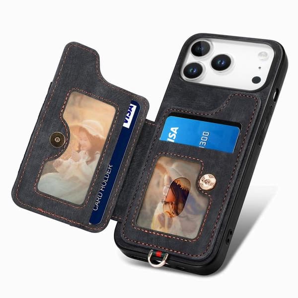 iPhone 17 Pro Retro Skinnkänsla Ring Multi-kort Plånboks Skal Svart