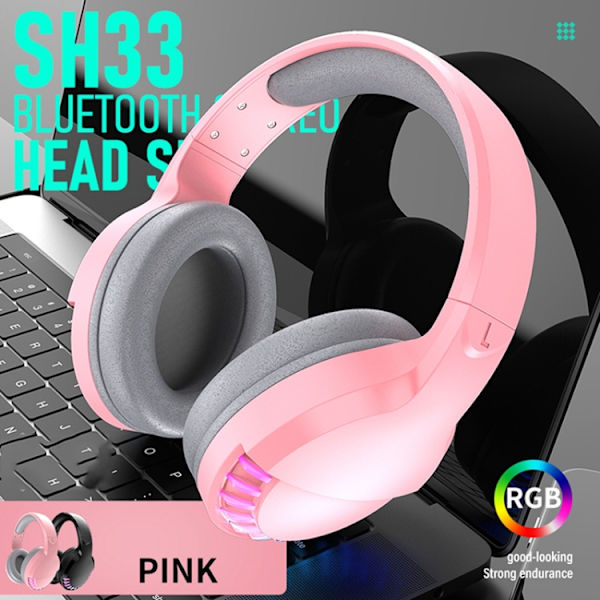 SH33 Bluetooth Trådlös Dubbel-läge RGB Headset Mobiltelefon Tung Bas Brusreducerande Gaming Headset Rosa