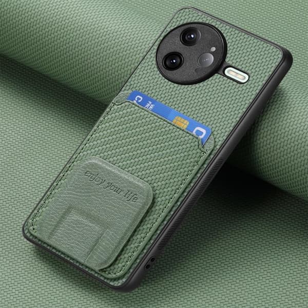 Redmi K80 / Poco F7 Pro - Kolfiber Kortfodral med Fällbart Ställ Grön