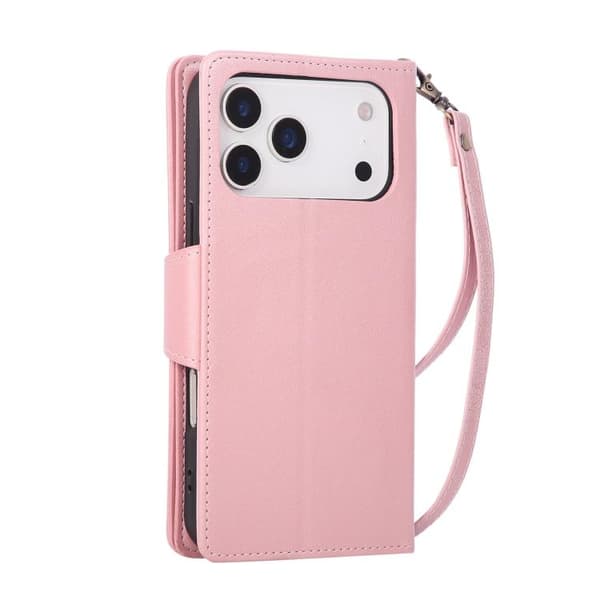 iPhone 18 Pro Max / iPhone 17 Pro Max Skal läderfodral med Rivet Spänne för 9 Kort och Tredelad Design Roséguld