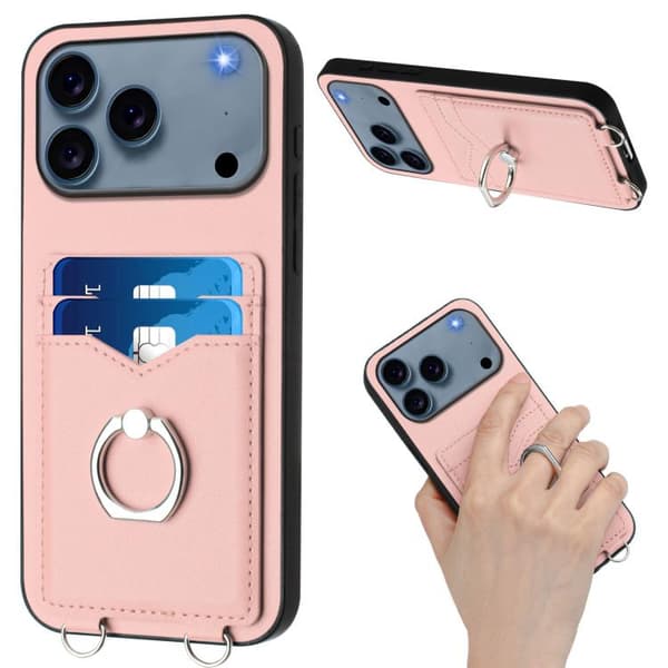 iPhone 18 Pro Max / iPhone 17 Pro Max Skal med Crossbody Rep Ring och Kortfack Rosa