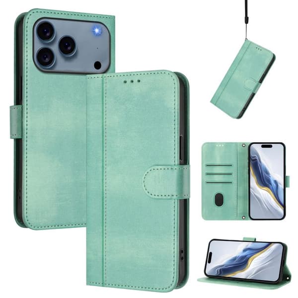 iPhone 18 Pro Max / iPhone 17 Pro Max Skal läderfodral med linjesömnad och retro design Mintgrön