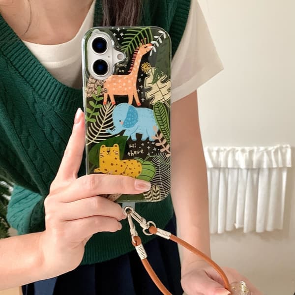 iPhone 16 Pro Djurmönster IMD Full Coverage TPU Skal med Lanyard