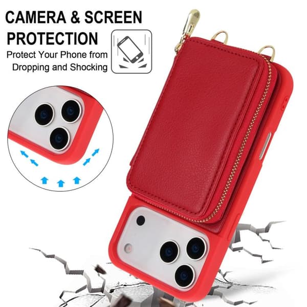 iPhone 18 Pro Max / iPhone 17 Pro Max Skal med Crossbody Dragkedja och RFID Kortficka Röd