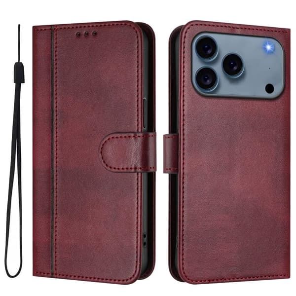 iPhone 18 Pro Max / iPhone 17 Pro Max Skal läderfodral med linjesömnad och retro design Vinrött