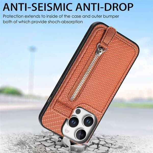 iPhone 16 Pro Max Kolfiber Vertikal Flip Zipper Skal Brun