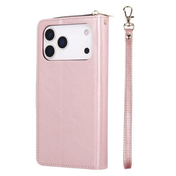 iPhone 18 Pro Max / iPhone 17 Pro Max Skal läderfodral med 9 kortfack och dragkedja Roséguld