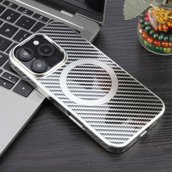 iPhone 16 Pro Max 6D Pläterad Kolfiber Klar Magsafe PC Skal Stjärnljus Silver