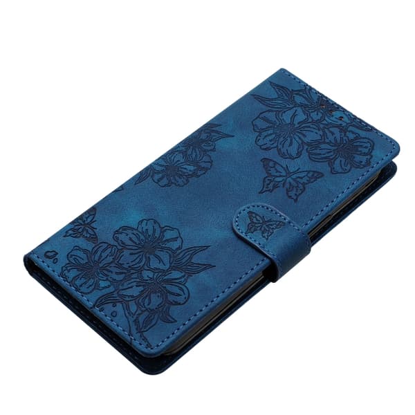 iPhone 16 Pro Max Skal med Cherry Blossom och Embossed Butterfly Design Blå