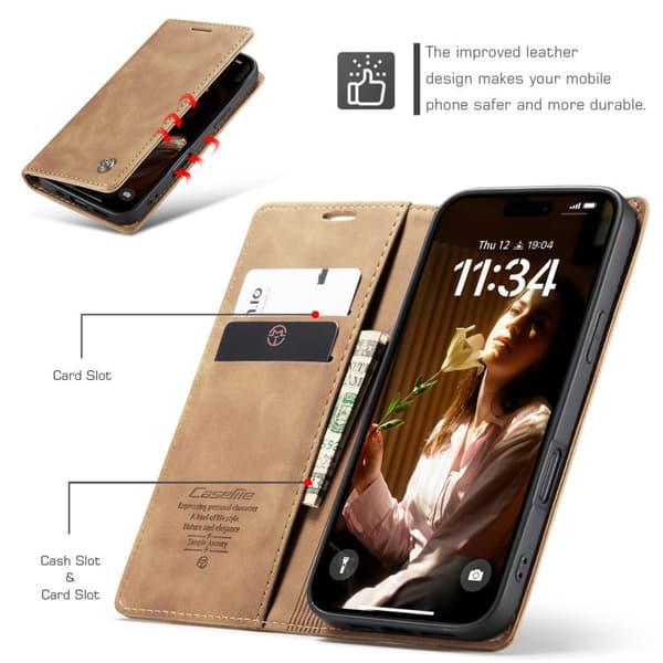 iPhone 17 Skal Läderfodral Multifunktionell Horisontell Flip Brun
