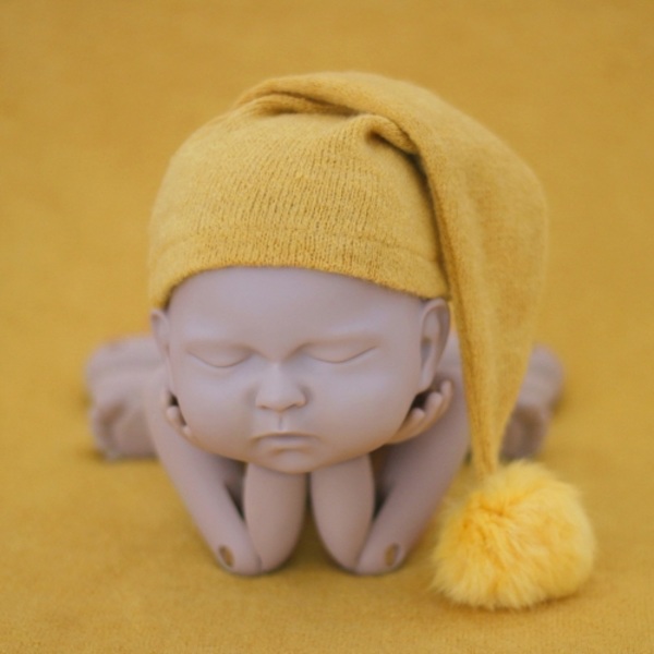 Nyfödd Fotografering Kläder Baby Fotografering Pälsboll Stickad Lång Svans Mössa Gul