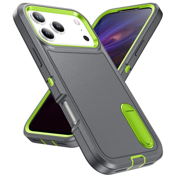 iPhone 18 Pro Max / iPhone 17 Pro Max Skal - robust PC + silikon med hållare Grå + Friskgrön