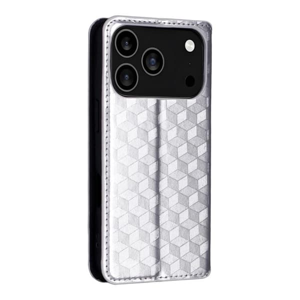 iPhone 18 Pro / iPhone 17 Pro Skal läderfodral med kubisk rutmönster Silver
