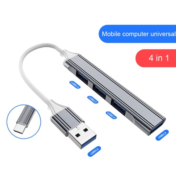 4-in-1 Mini Multifunktionell Dockning - Typ-C/USB-C 3.0 (Grå) - Aluminiumlegering, 4 USB-portar, Stabil och Snabb Överföring