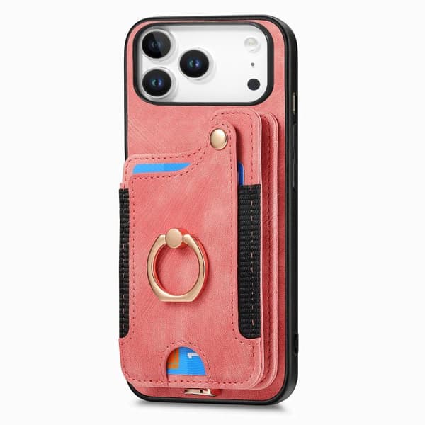 iPhone 18 Pro / iPhone 17 Pro Retro Skinnkänsla Ring Multi-kort Plånboks Skal Rosa