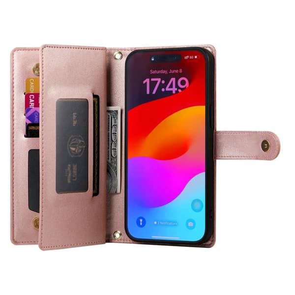 iPhone 18 Pro Max / iPhone 17 Pro Max Skal läderfodral med nio kortfack och dragkedja Rosa