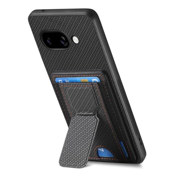 för Pixel 9a Skal med Kolfiber Fällbart Ställ och Elastisk Kortficka Svart