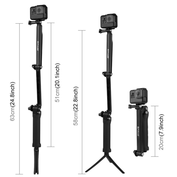 3-vägs grepp hopfällbar stativ selfie-stick förlängningsmonopod för GoPro, Insta360 ONE R, DJI Osmo Action och andra actionkameror, längd: 20-58 cm