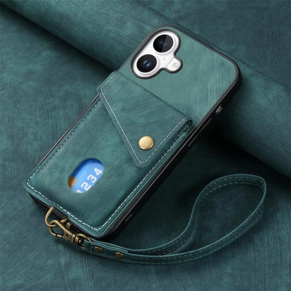 iPhone 17 Skal läderfodral med retro kortfack och rem Grön