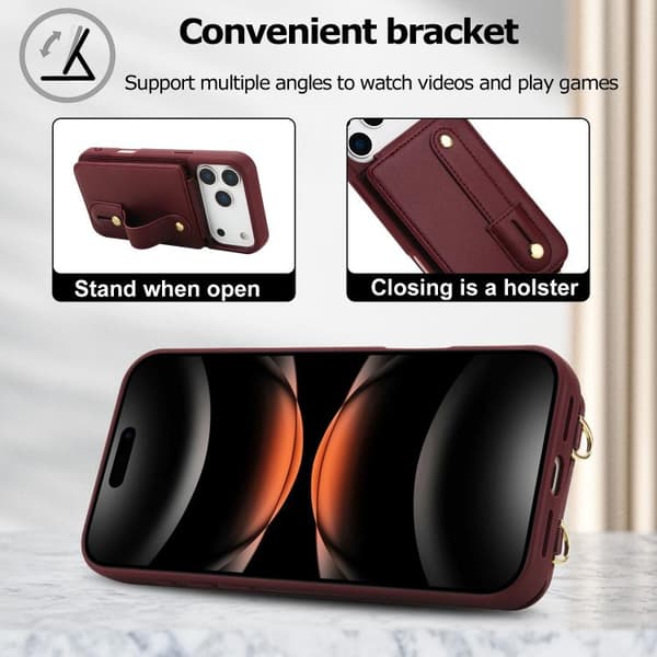 iPhone 18 Pro / iPhone 17 Pro Skal med Handledsrem och Vertikal Flip Wallet Vinrött