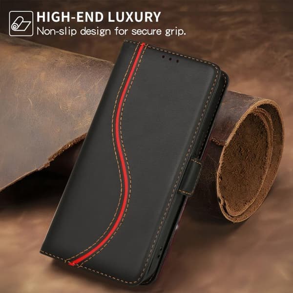 iPhone 18 Pro / iPhone 17 Pro Skal läderfodral med sidobuckle S-kurva Svart