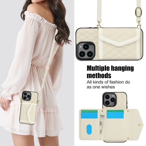 iPhone 16 Pro Max Skal med Splicing Rhombic Textur och Lång Lanyard Beige