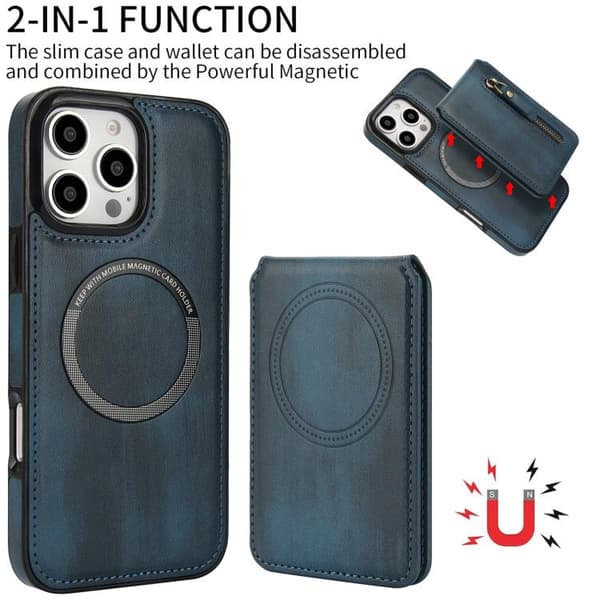 iPhone 16 Pro Zipper Wallet Split MagSafe Läder Fodral Skal Blå
