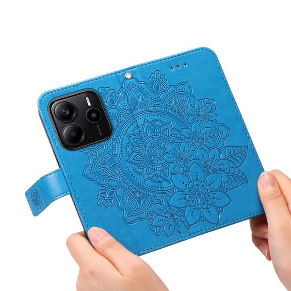 Redmi Note 14 4G - Läderfodral med Sju Blommor i Prägling Blå