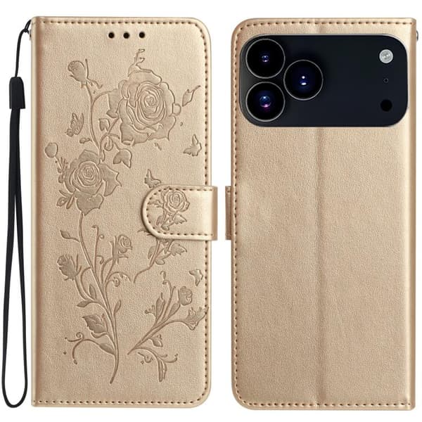 iPhone 18 Pro Max / iPhone 17 Pro Max Skal läderfodral med rosblomma präglad mönster Guld