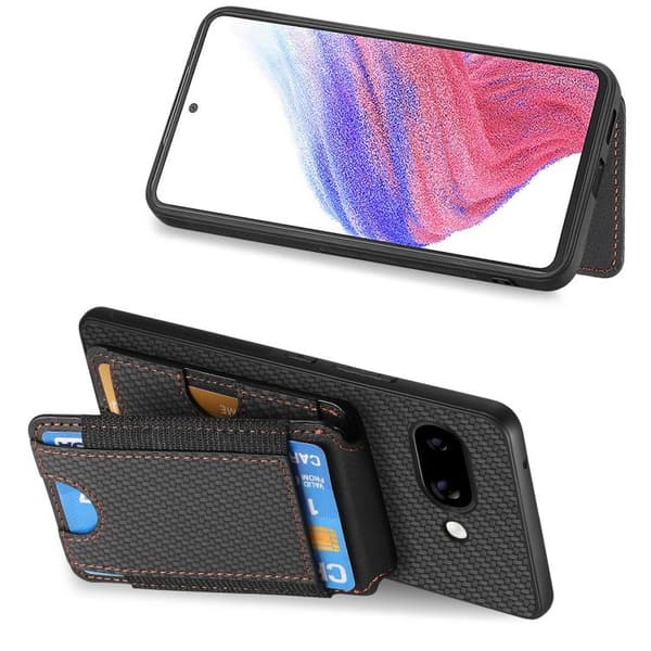 för Pixel 9a - Kolfiber Vertikal Flip Wallet Ställ Skal Svart