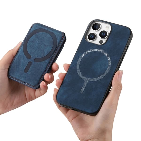 iPhone 16 Pro Retro Delbar Magnetisk Ställning Kortväska Läder Skal Blå