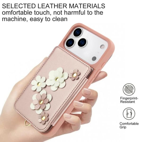 iPhone 17 Pro Max Skal läderfodral med blommönster Roséguld