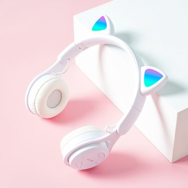 M6 Lysande Kattöron Renfärgade Fällbara Bluetooth-headset med 3,5 mm Jack & TF-kortplats Vit