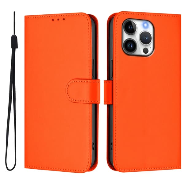 iPhone 16 Pro Skal Solid Färg med Lanyard - Läderfodral Orange