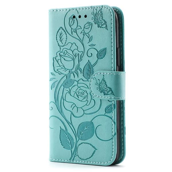 iPhone 18 Pro Max / iPhone 17 Pro Max Skal Läderfodral med Rosafärgad Fjäril Prägling Grön