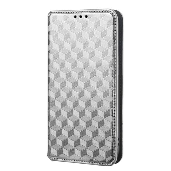 iPhone 16 Pro Max Cubic Grid Texture Skal Läder Fodral Silver