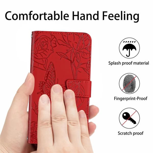 iPhone 18 Pro Max / iPhone 17 Pro Max Skal läderfodral med fjärilsprägling och flip-design Röd