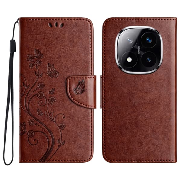Redmi Note 14 Pro+ 5G - Flip Läderfodral med Fjäril Blommönster Brun