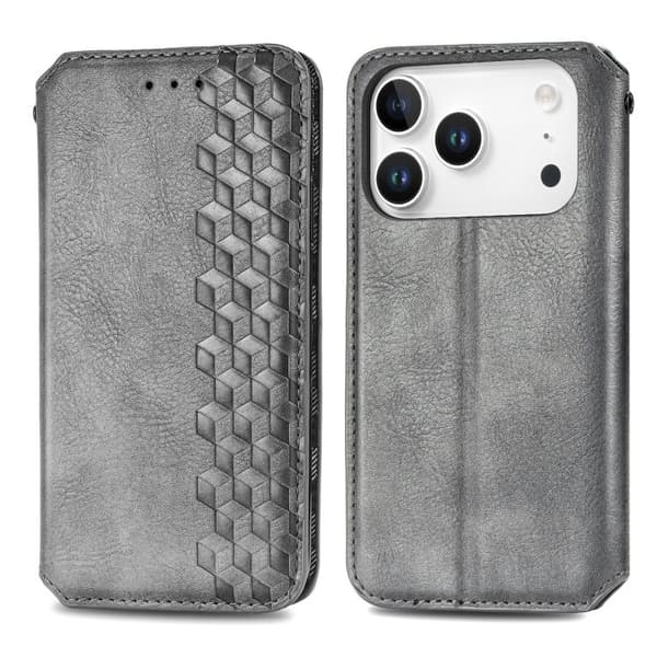 iPhone 17 Pro Max Skal läderfodral med kubisk rutnätsdesign och magnetisk stängning Grå