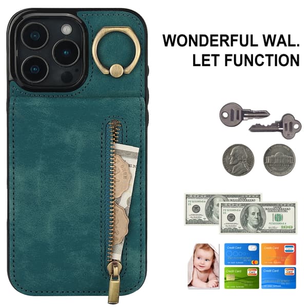 iPhone 16 Pro Retro Ring och Zipper RFID Kortfack Skal Blå