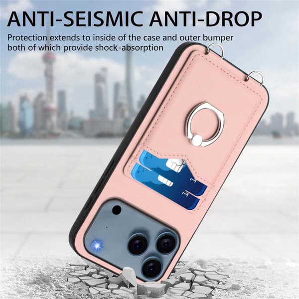 iPhone 18 Pro / iPhone 17 Pro Skal med Korsa Rep Ring och Kortfack Rosa