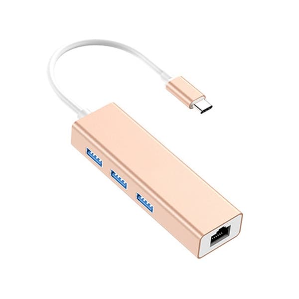 USB-C / Typ-C till Snabb Ethernet RJ45 & 3 x USB 3.0 Adapter Hub (Guld)