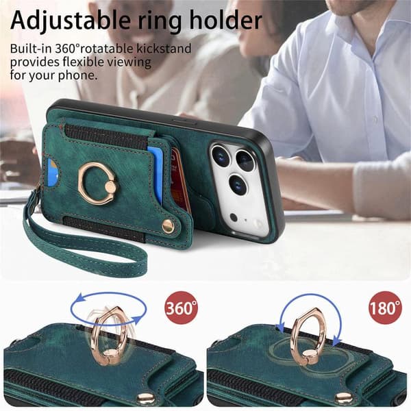 iPhone 18 Pro Max / iPhone 17 Pro Max Retro Skinnkänsla Ring Multi-kort Skal Grön